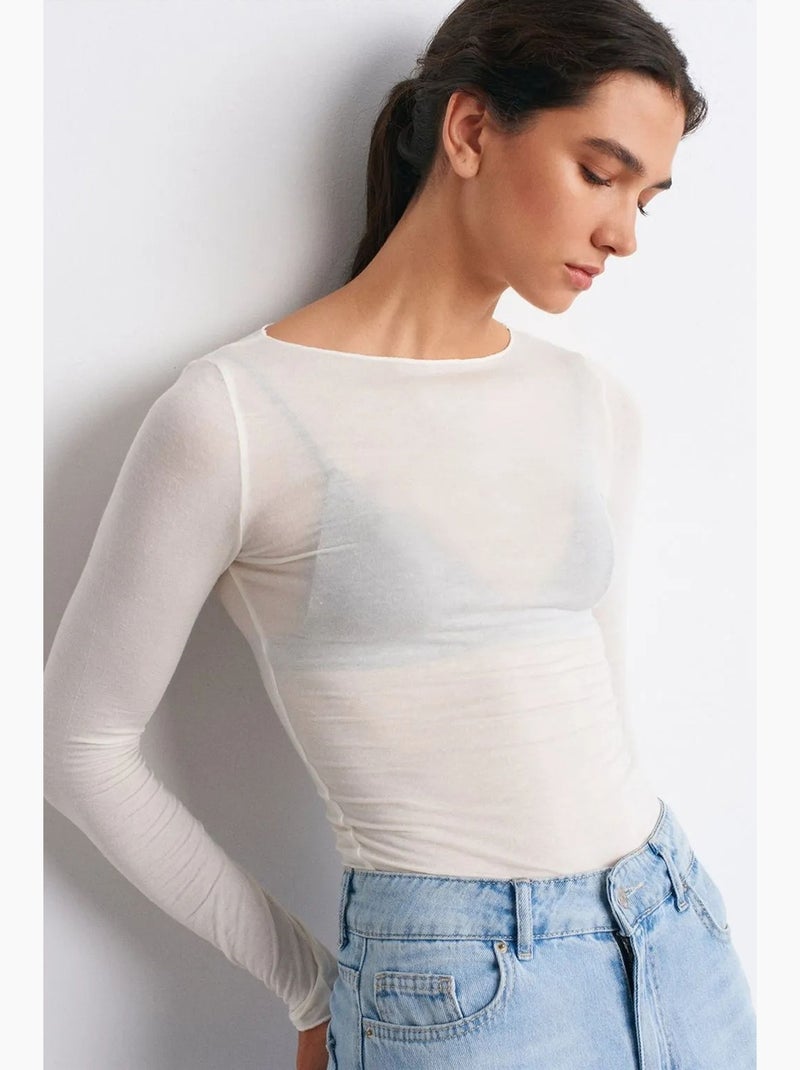 Slim-fit gebreide blouse met boothals en lange mouwen dilvin Gebroken wit - Kiabi