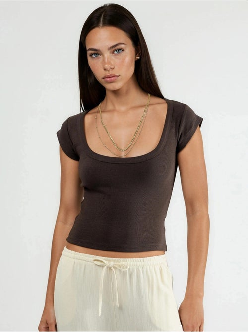 Slim-fit geribbelde blouse met u-hals busem - Kiabi