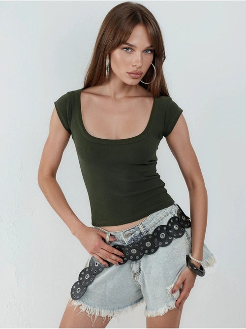 Slim-fit geribbelde blouse met u-hals busem - Kiabi