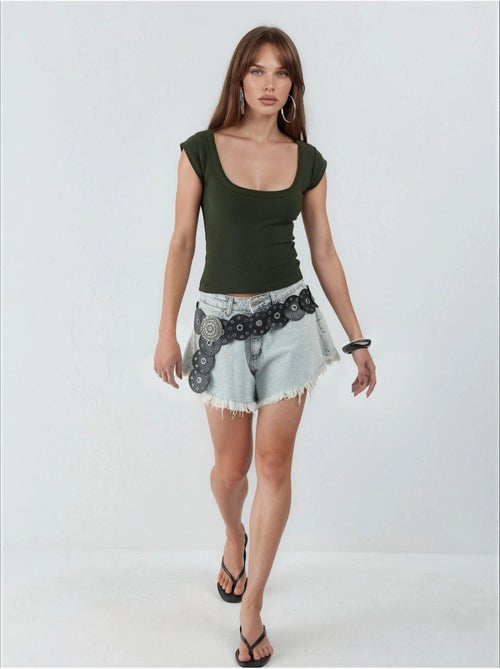 Slim-fit geribbelde blouse met u-hals busem - Kiabi