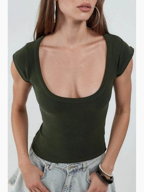 Slim-fit geribbelde blouse met u-hals busem - Kiabi