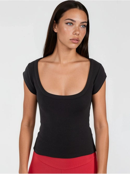 Slim-fit geribbelde blouse met u-hals busem - Kiabi