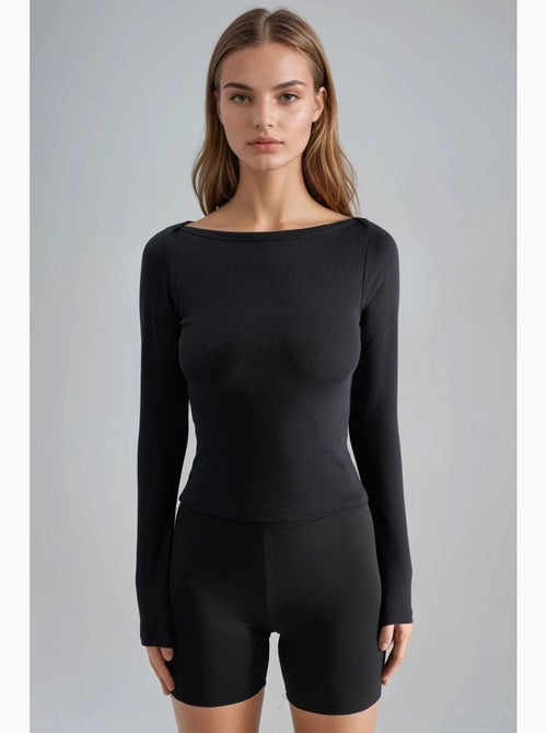 Slim fit geribde blouse met boothals busem - Kiabi Slim fit geribde blouse met boothals busem - Kiabi