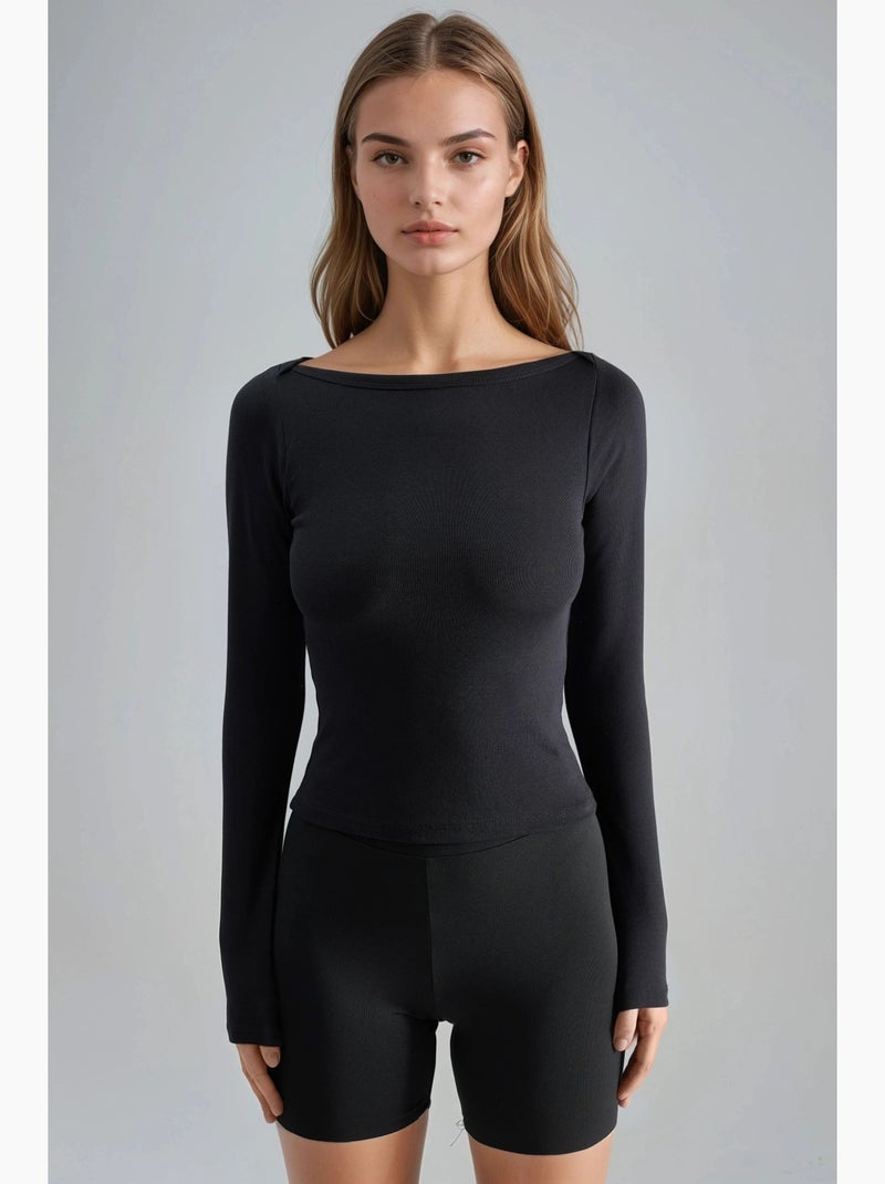 Slim fit geribde blouse met boothals busem Zwart - Kiabi