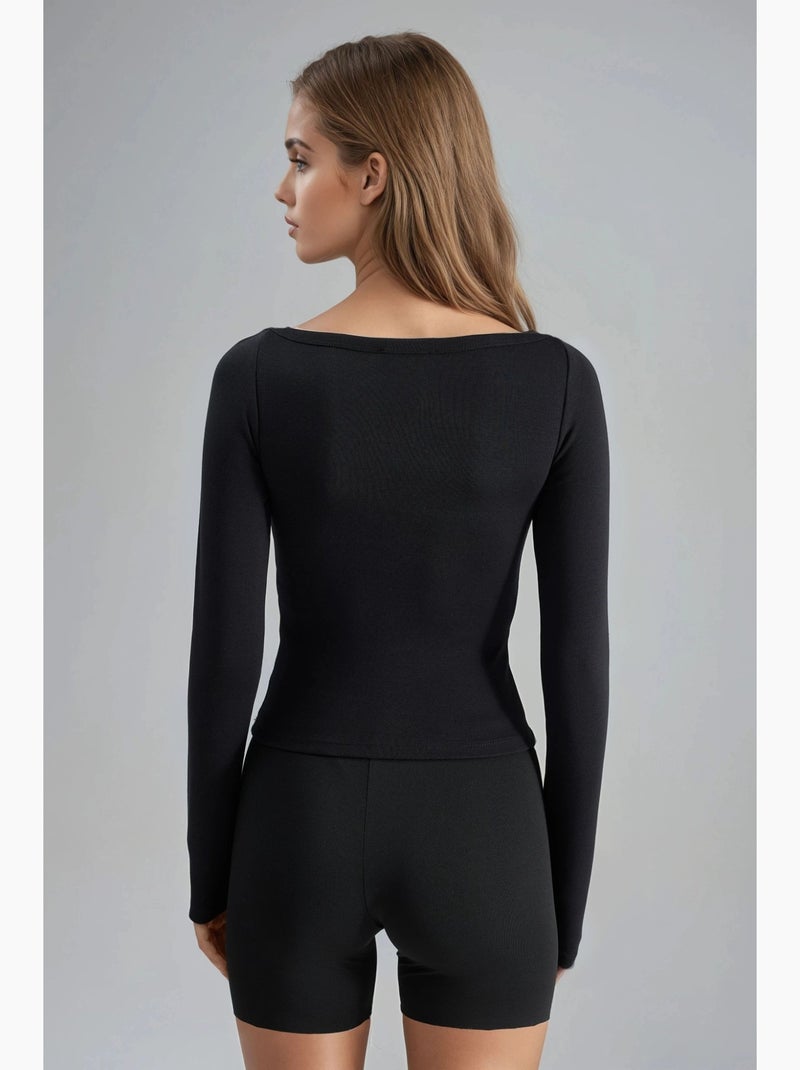 Slim fit geribde blouse met boothals busem Zwart - Kiabi