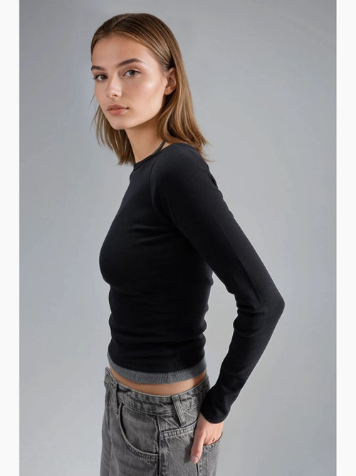 Slim fit geribde blouse met boothals busem - Kiabi Slim fit geribde blouse met boothals busem - Kiabi