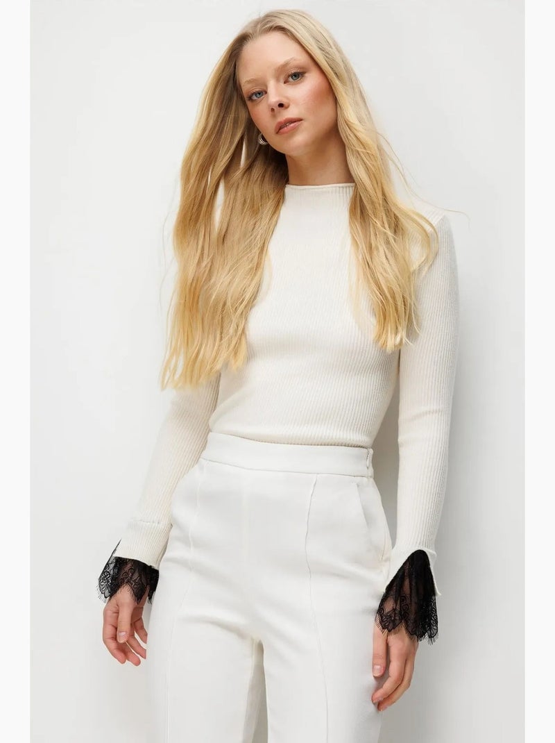Slim fit geribde gebreide trui met ronde hals mixray Crème - Kiabi