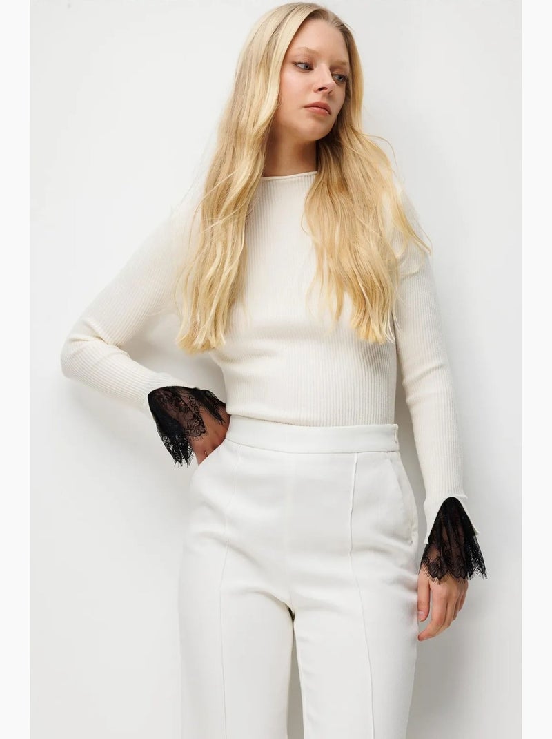 Slim fit geribde gebreide trui met ronde hals mixray Crème - Kiabi