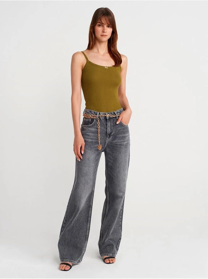 Slim fit geribde katoenen camitop dilvin Kaki - Kiabi