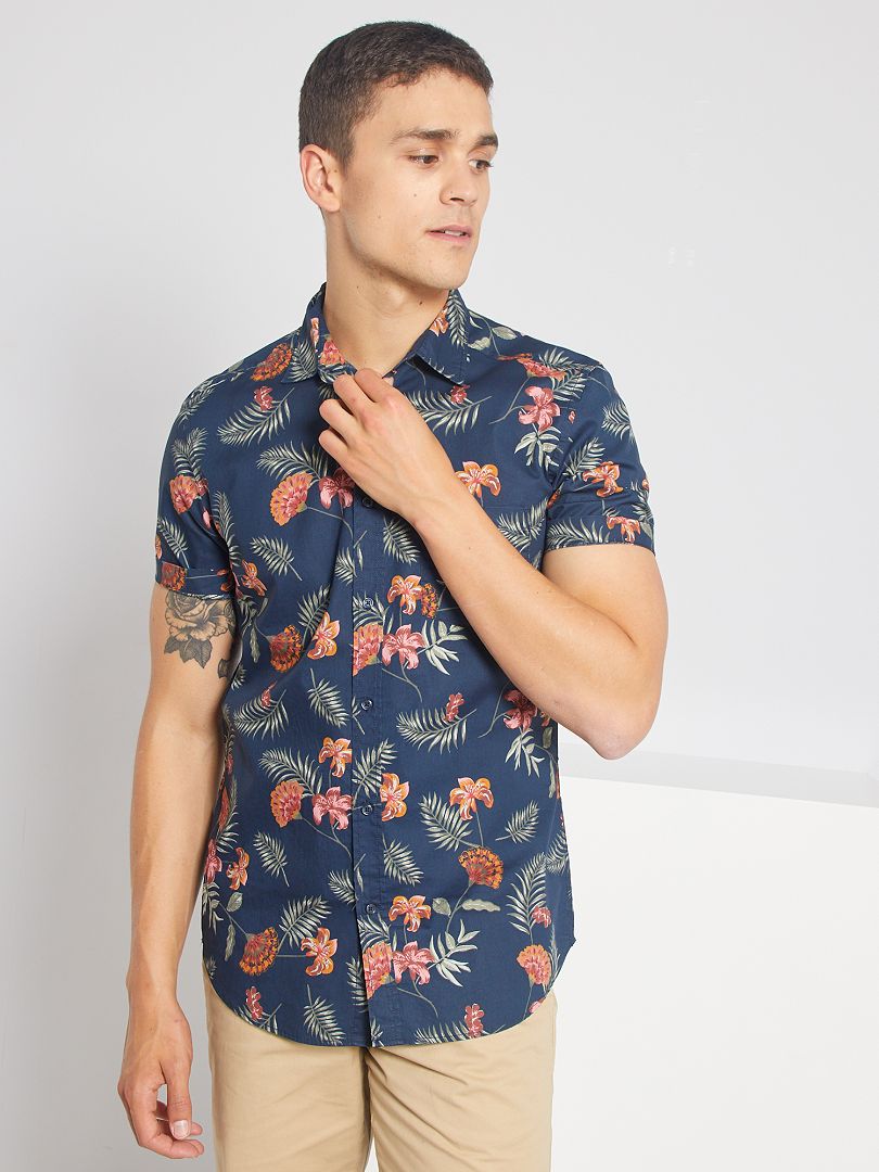 Slim-fit hemd met tropische print BLAUW - Kiabi