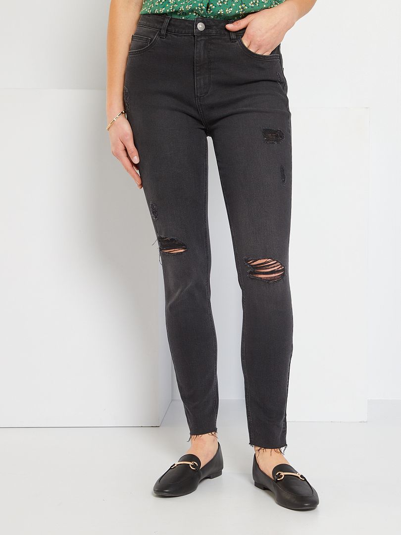 Slim-fit jeans met destroyed effect en hoge taille ZWART - Kiabi
