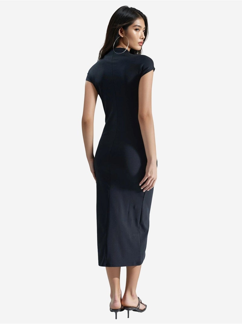 Slim-fit midi-jurk met ronde hals busem Zwart - Kiabi