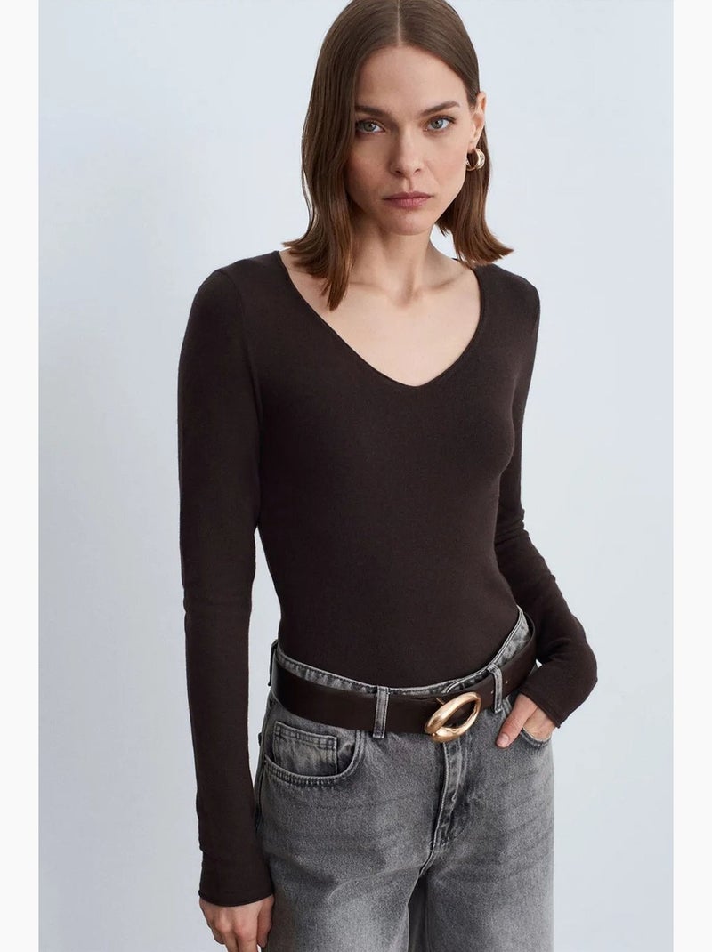 Slim fit ribgebreide trui met v-hals dilvin Chocoladebruin - Kiabi