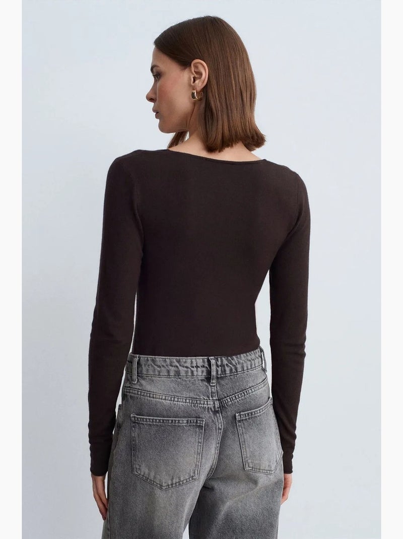 Slim fit ribgebreide trui met v-hals dilvin Chocoladebruin - Kiabi