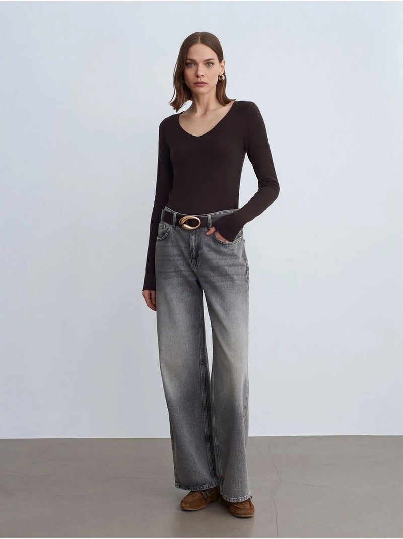 Slim fit ribgebreide trui met v-hals dilvin Chocoladebruin - Kiabi