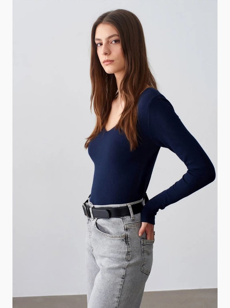 Slim fit ribgebreide trui met v-hals dilvin Marineblauw - Kiabi