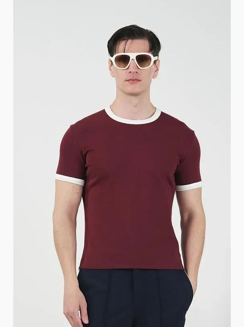 Slim fit t-shirt met ronde hals en contrasterende bies giesto Bordeauxrood - Kiabi