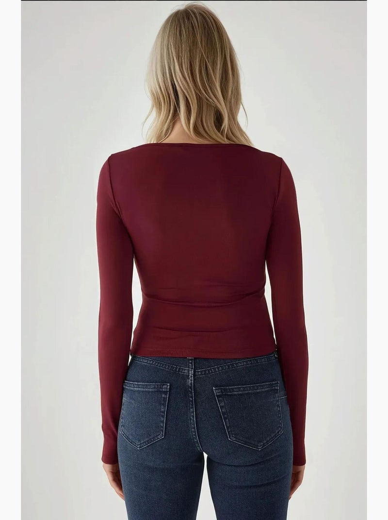 Slim fit v-hals top met lange mouwen hiccup Bordeauxrood - Kiabi