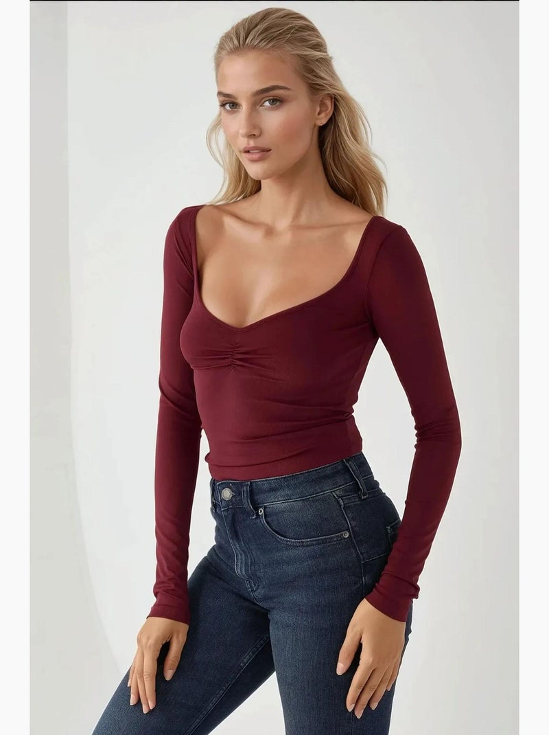 Slim fit v-hals top met lange mouwen hiccup Bordeauxrood - Kiabi