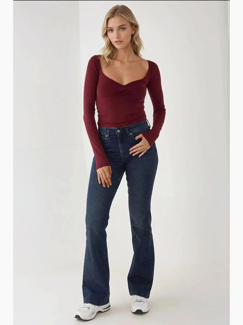 Slim fit v-hals top met lange mouwen hiccup Bordeauxrood - Kiabi