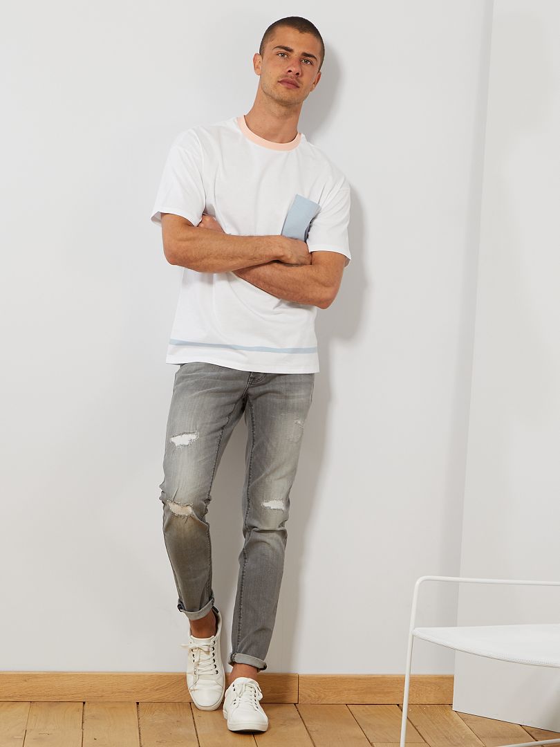Slimfit jeans met versleten plekken GRIJS - Kiabi