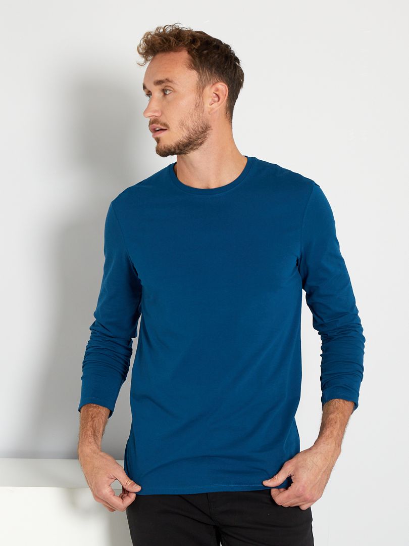 Slimfit T-shirt van 100% 1,90 m+ blauw poseidon - Kiabi