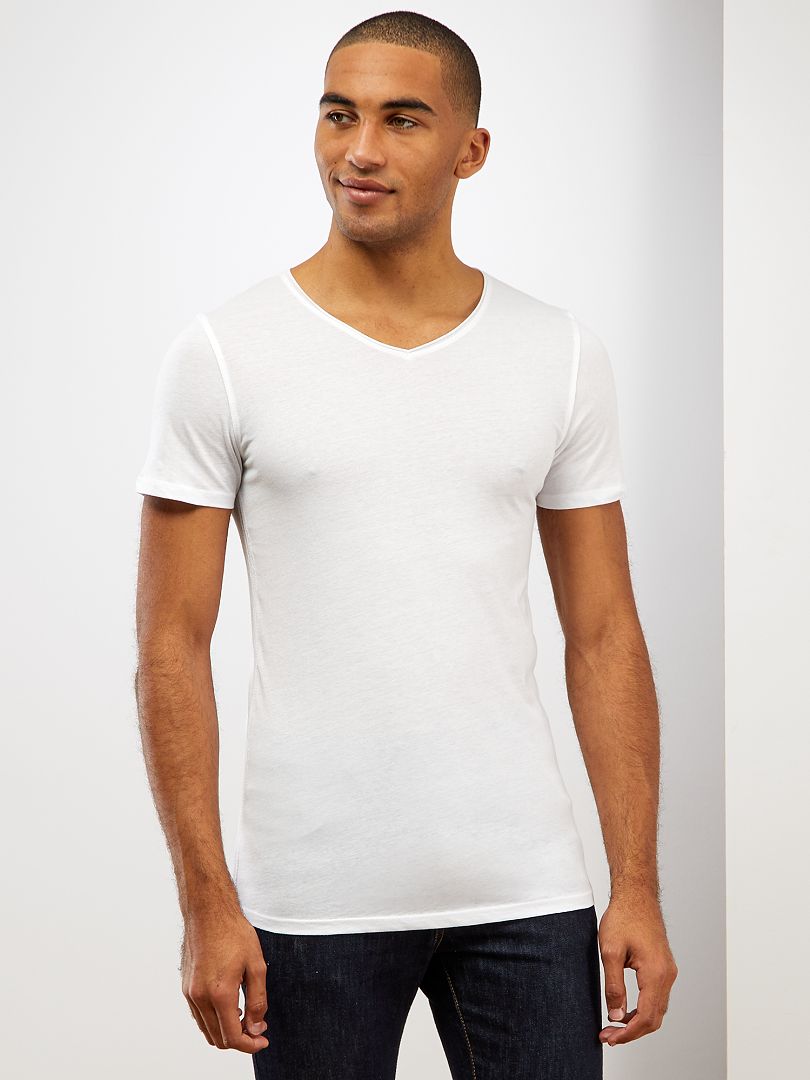 Slimfit T-shirt van effen katoen met een V-hals wit - Kiabi