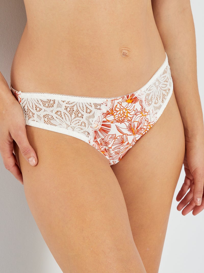 Slip van microvezel met print en kant 'Envie de Lingeri' BIEGE - Kiabi