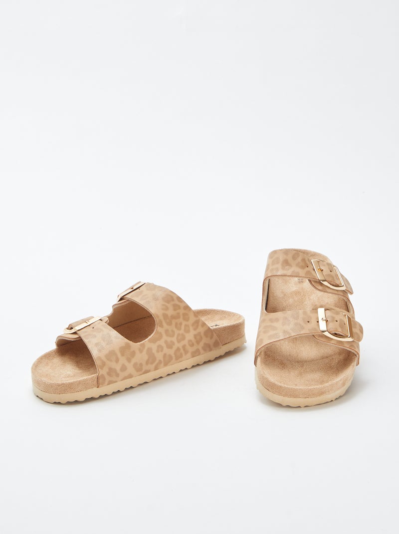 Slippers met twee bandjes met luipaardmotief BIEGE - Kiabi