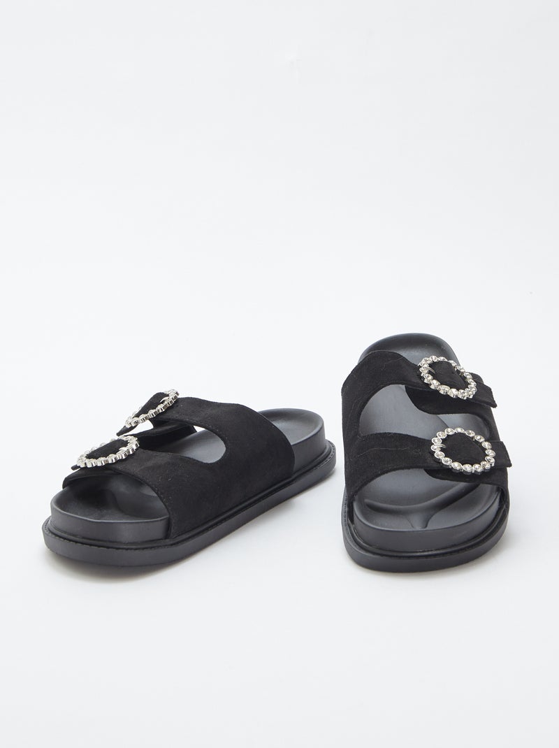 Slippers met twee bandjes met stras ZWART - Kiabi