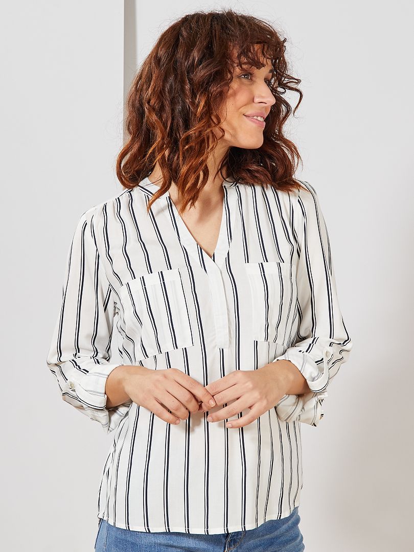Soepele blouse met Tunesische hals WIT - Kiabi