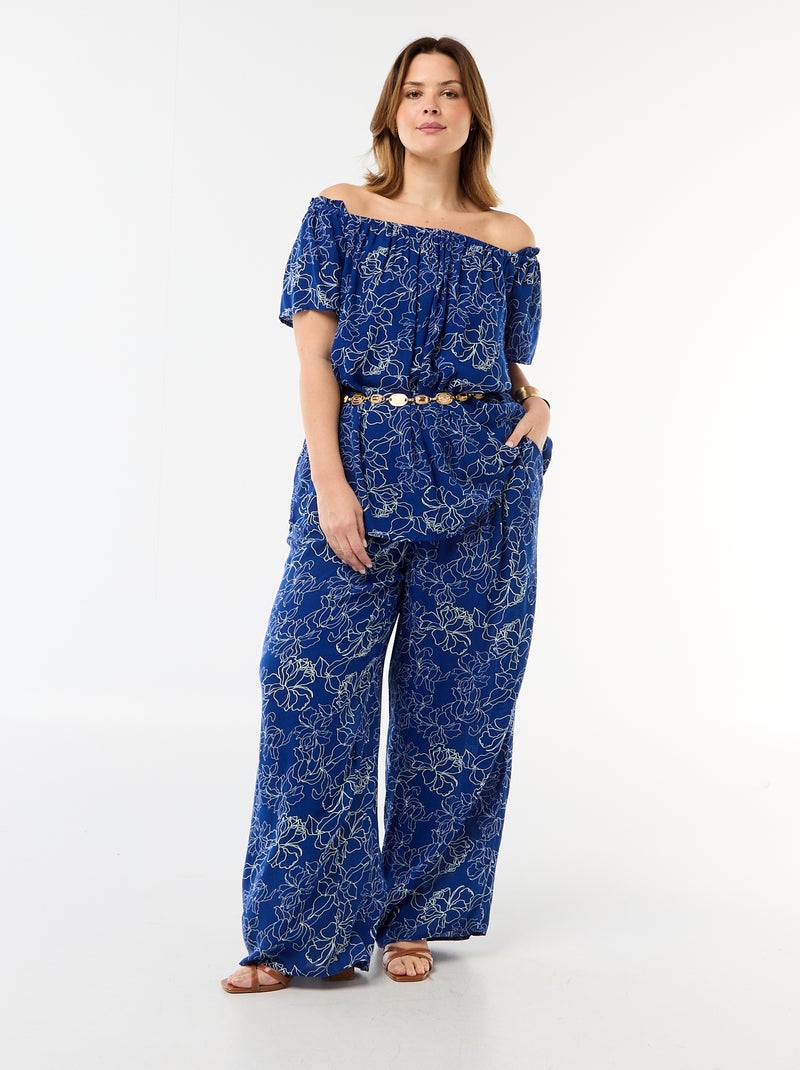 Soepele crêpe blouse met korte mouwen Blauw - Kiabi