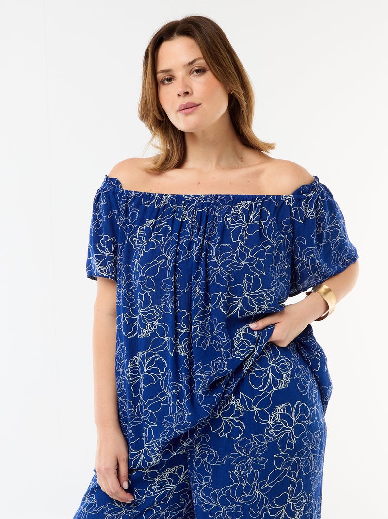 Soepele crêpe blouse met korte mouwen Blauw - Kiabi