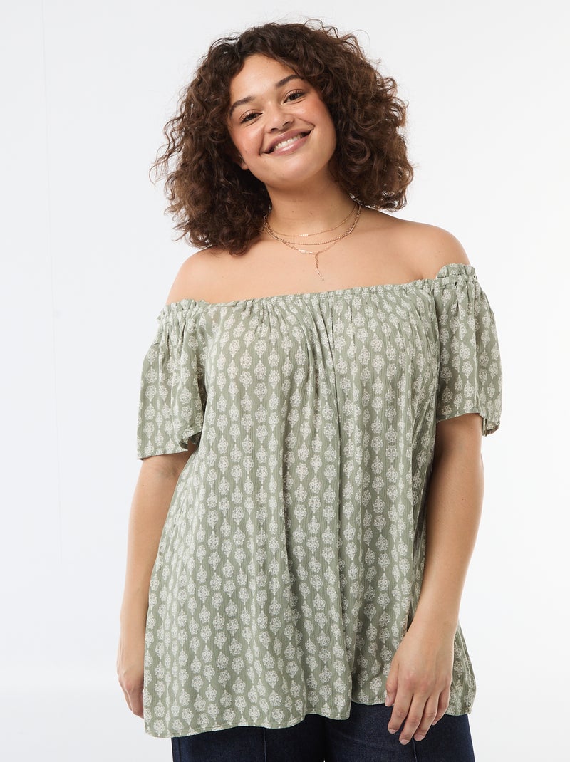 Soepele crêpe blouse met korte mouwen Groen - Kiabi