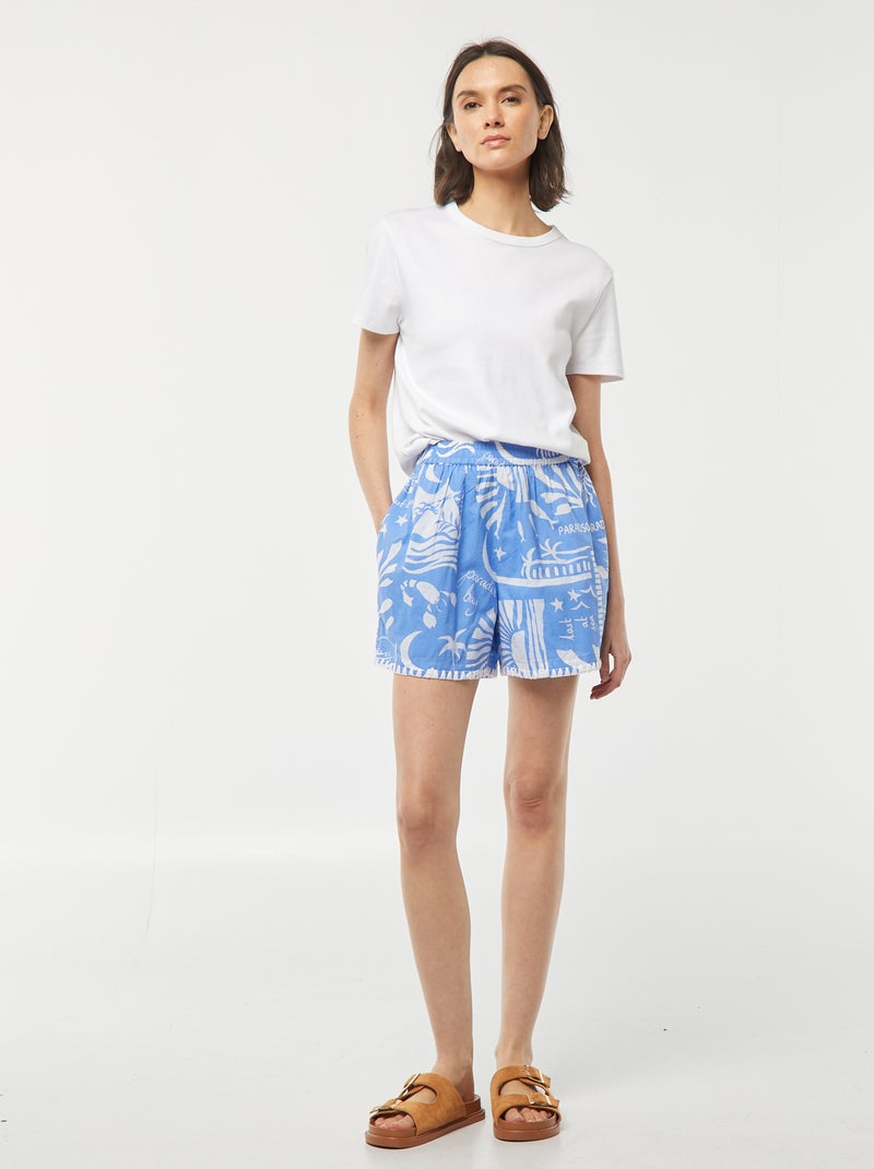 Soepelvallend short van katoenvoile met all-over motiefje BLAUW - Kiabi