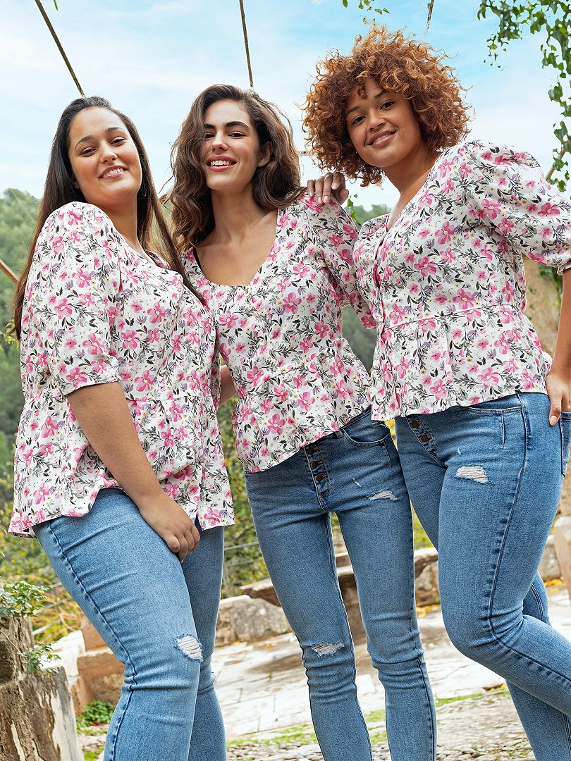 Soepelvallende blouse met bloemenprint WIT/roze - Kiabi