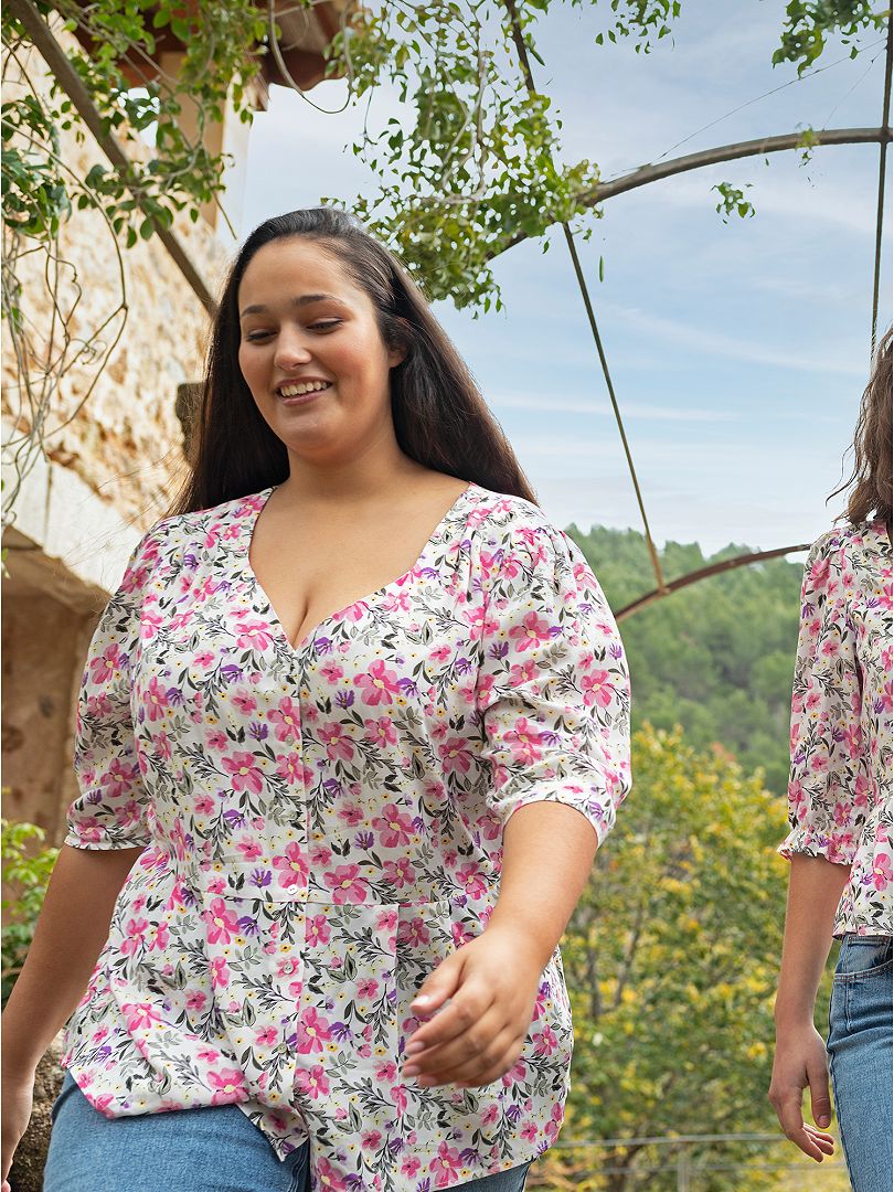 Soepelvallende blouse met bloemenprint WIT/roze - Kiabi
