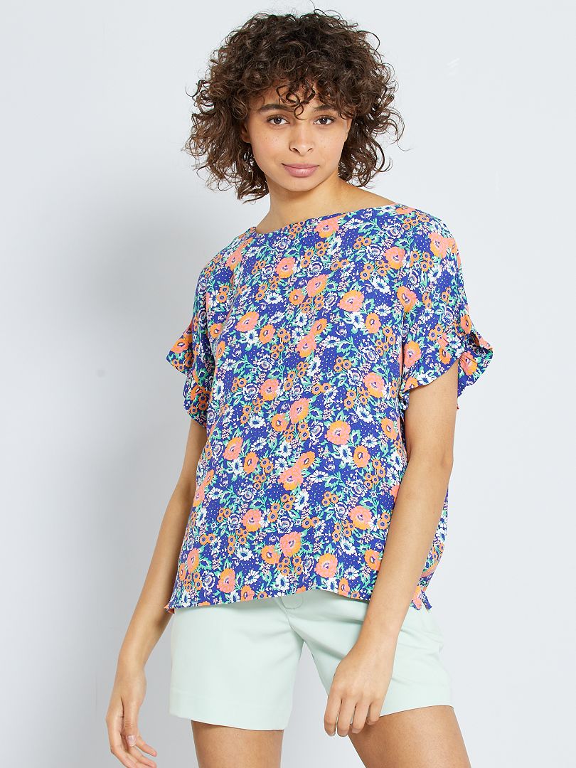 Soepelvallende blouse met print BLAUW - Kiabi