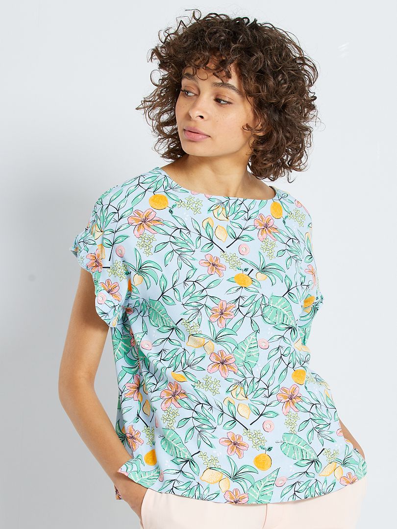 Soepelvallende blouse met print BLAUW - Kiabi