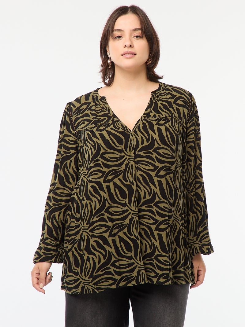Soepelvallende blouse van kreukeltricot met print Groen - Kiabi