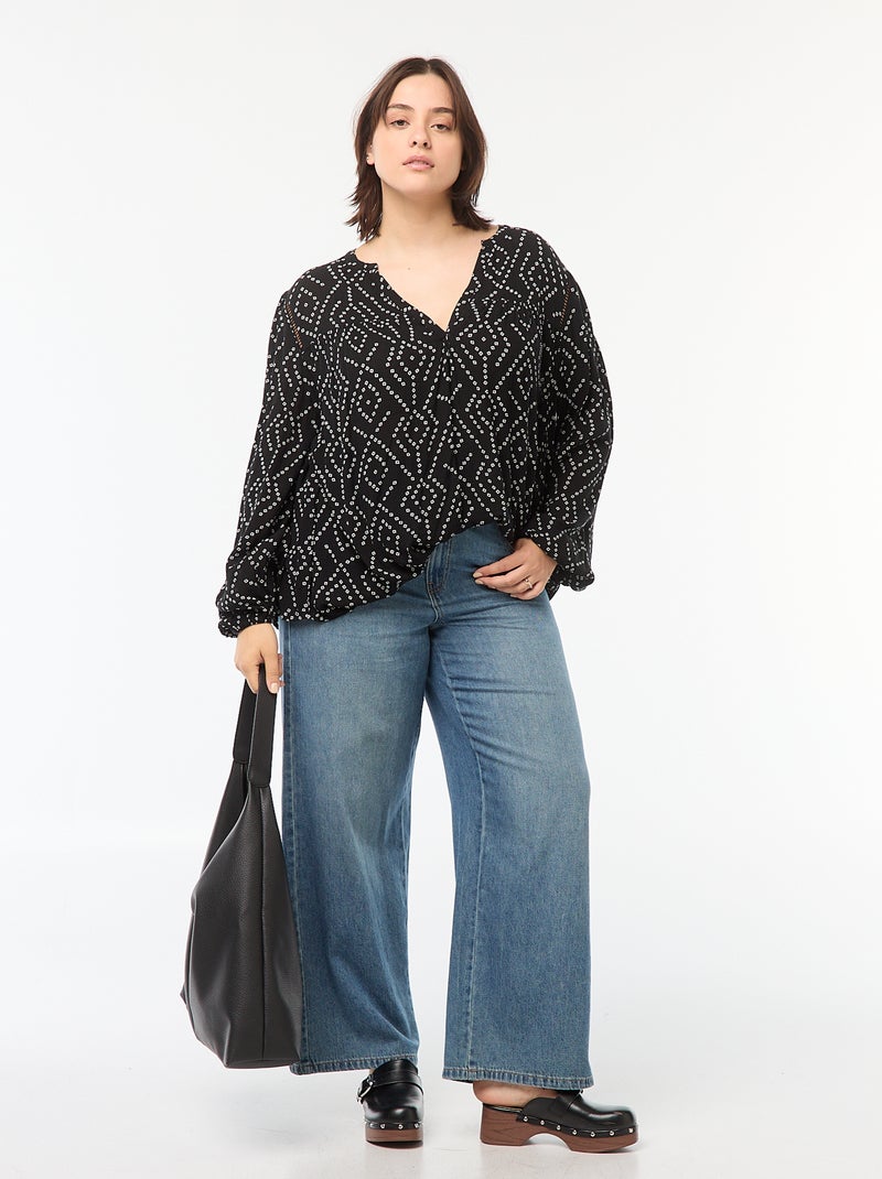 Soepelvallende blouse van kreukeltricot met print Zwart - Kiabi