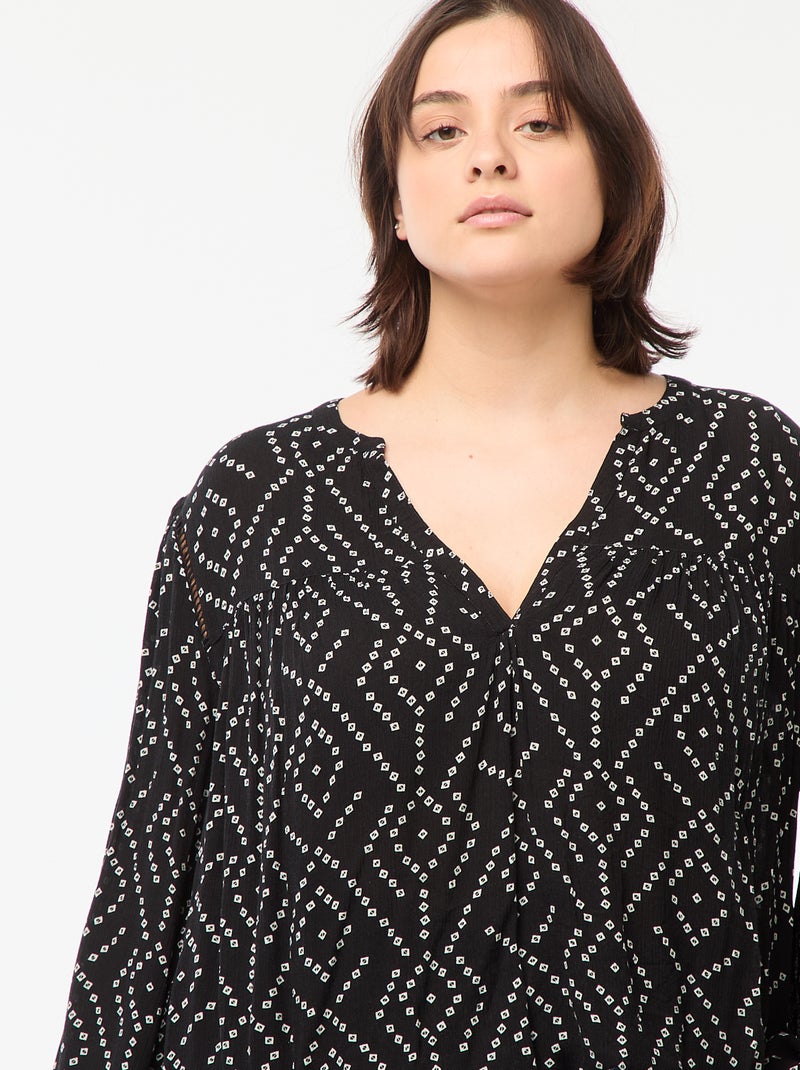 Soepelvallende blouse van kreukeltricot met print Zwart - Kiabi