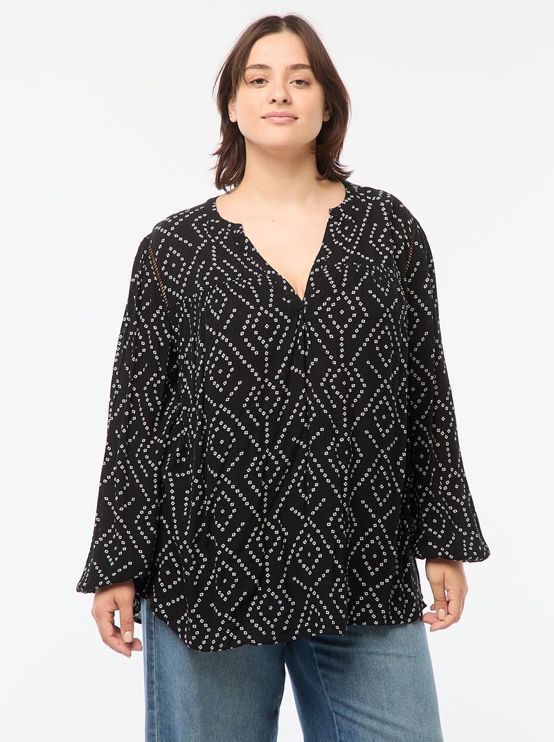 Soepelvallende blouse van kreukeltricot met print Zwart - Kiabi