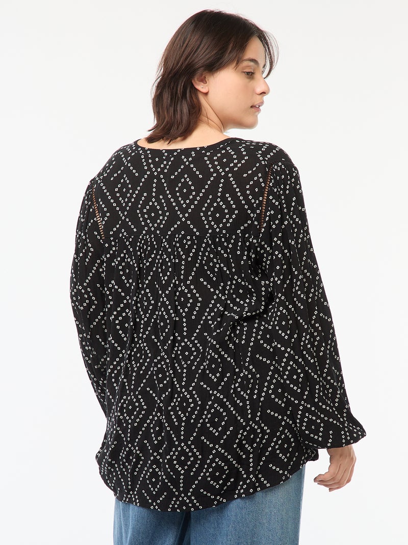 Soepelvallende blouse van kreukeltricot met print Zwart - Kiabi