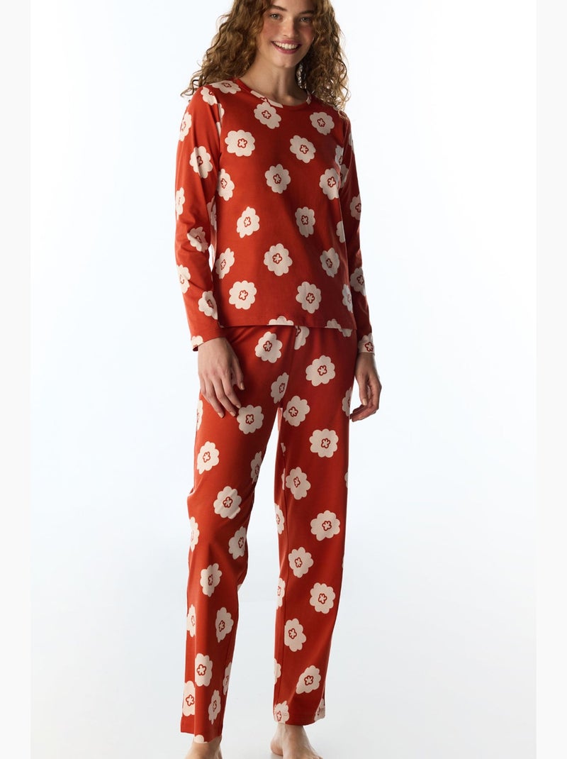 Soft bloom pyjamaset met lange mouwen en broek met bloemenprint penti Wit Rood - Kiabi