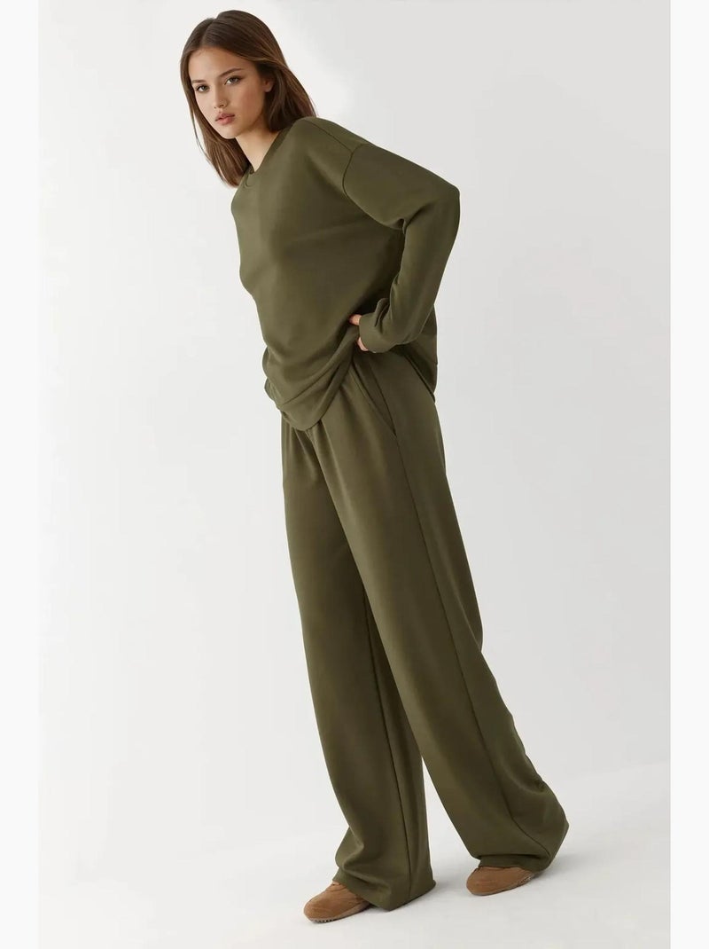 Soft modal touch sweatpants met wijde pijpen hiccup Kaki - Kiabi