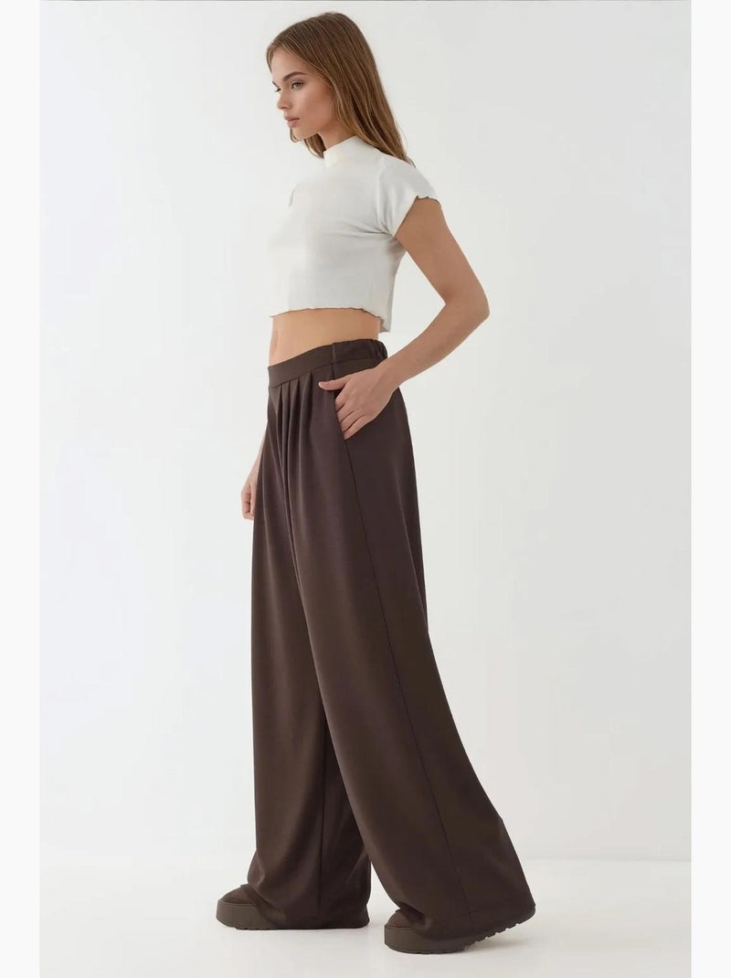 Soft touch geplooide broek met wijde pijpen hiccup Donkerbruin - Kiabi