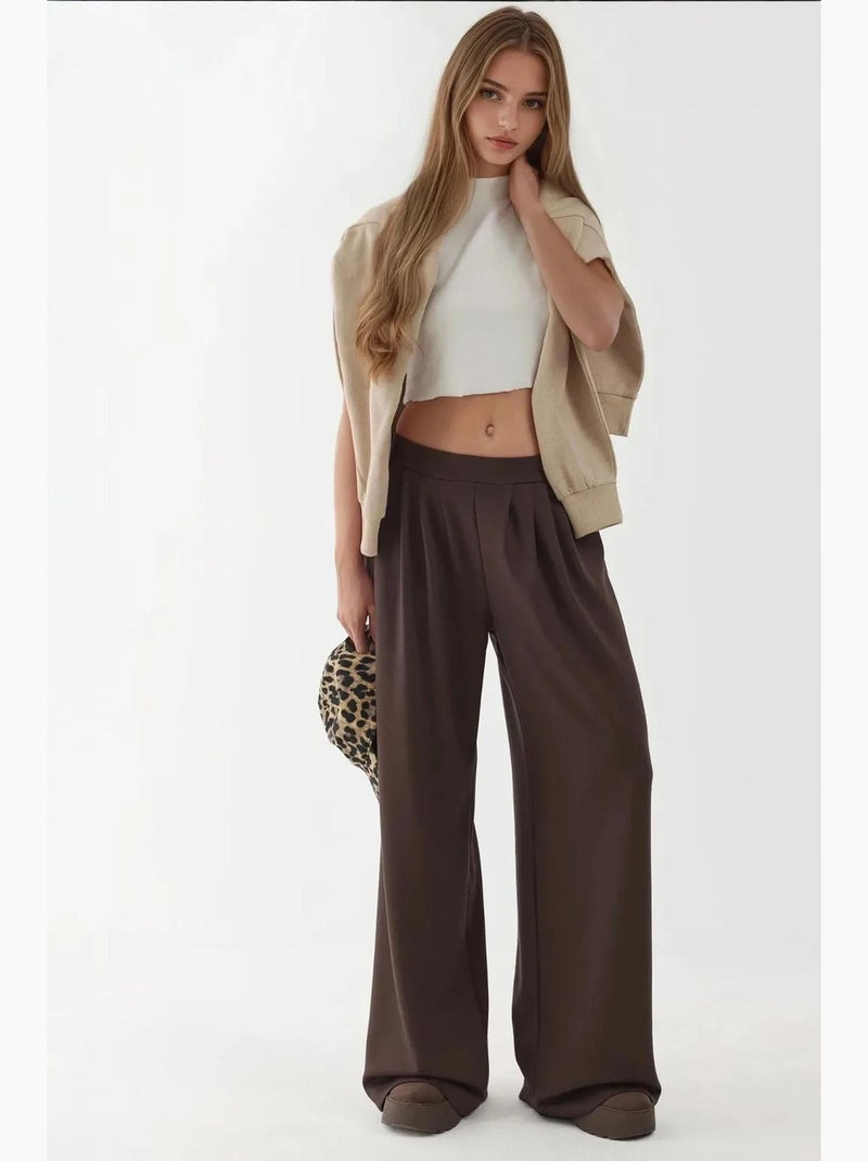 Soft touch geplooide broek met wijde pijpen hiccup Donkerbruin - Kiabi