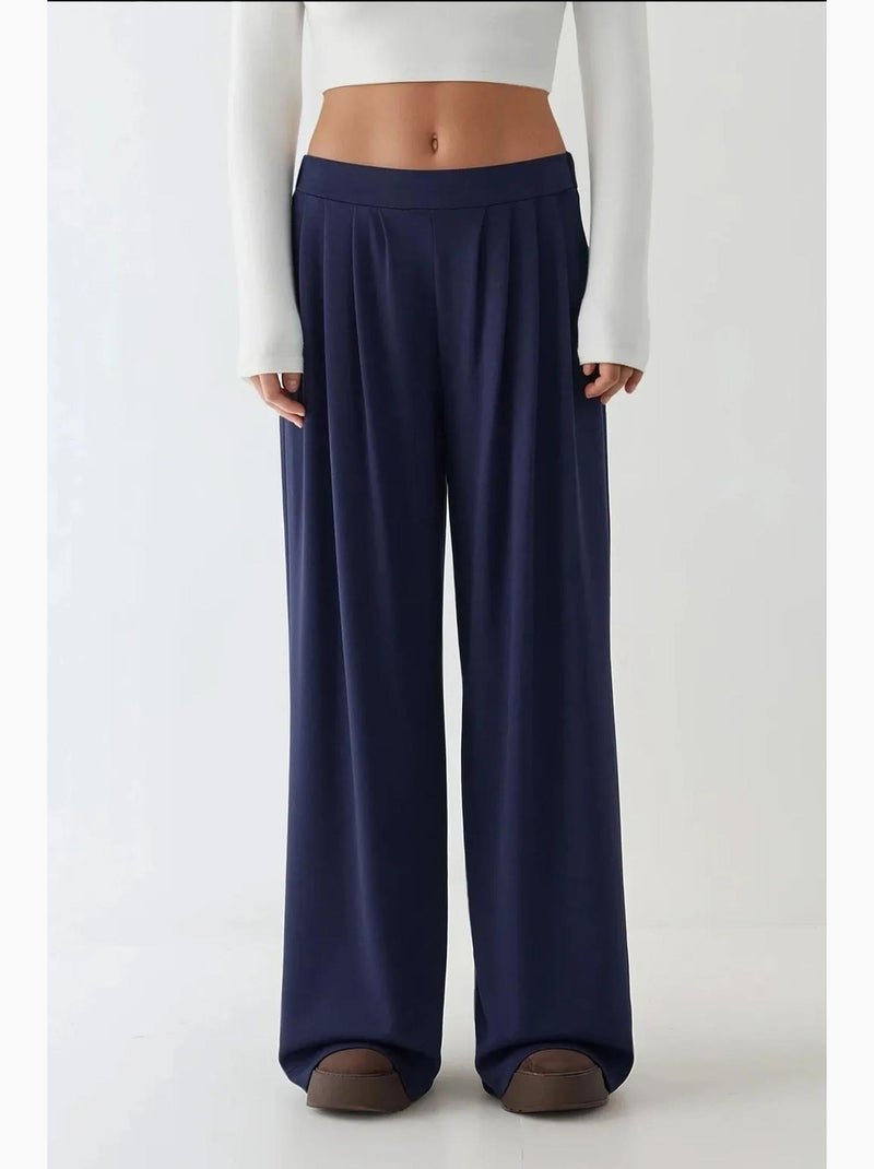 Soft touch geplooide broek met wijde pijpen hiccup Marineblauw - Kiabi