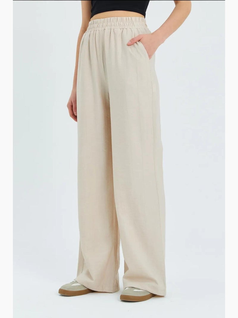 Soft touch high-waist broek met wijde pijpen mixray Klei-beige - Kiabi